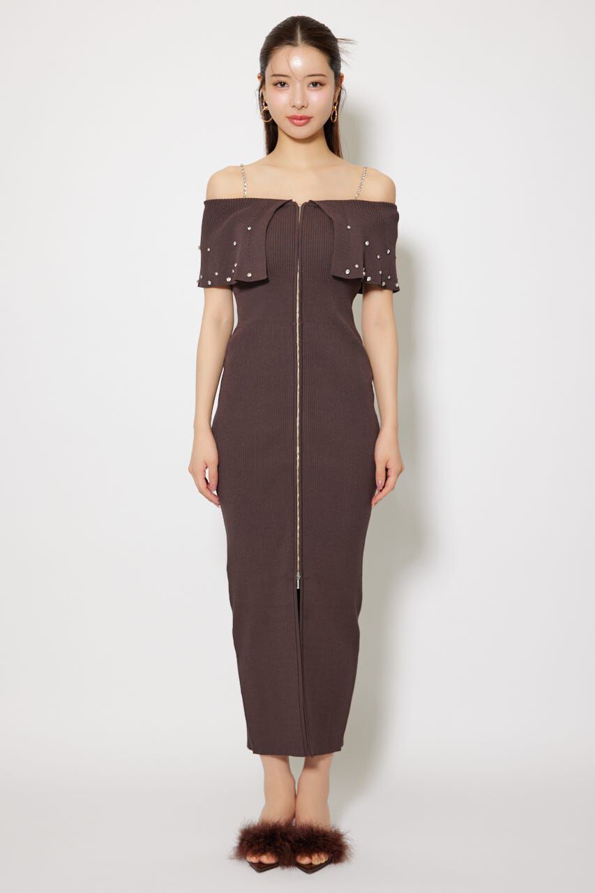 rienda「2WAYオフショルビジューカラーハーフスリーブニットワンピース」|ワンピース|