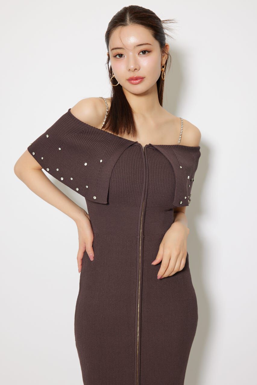 rienda「2WAYオフショルビジューカラーハーフスリーブニットワンピース」|ワンピース|