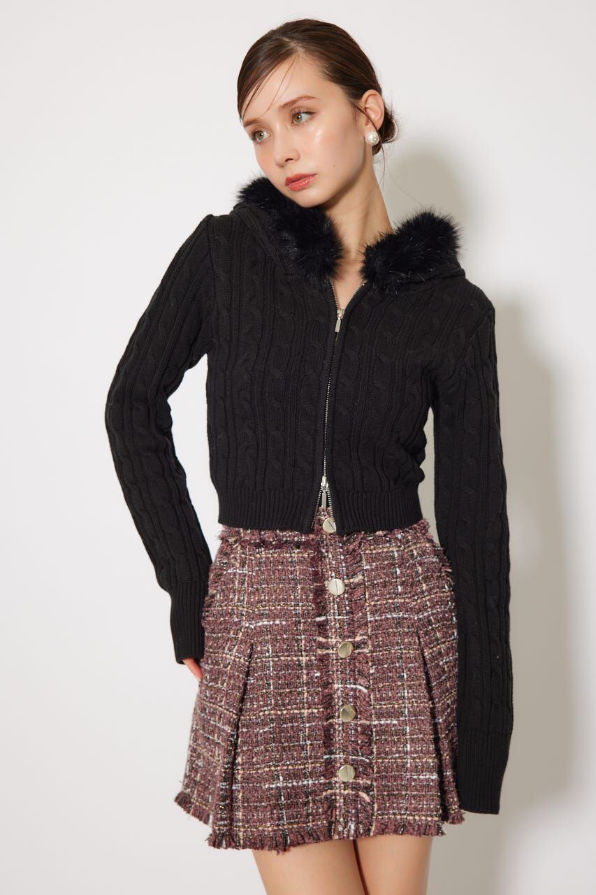 rienda「フードフェイクファーケーブルニットカーディガン」|カーディガン|