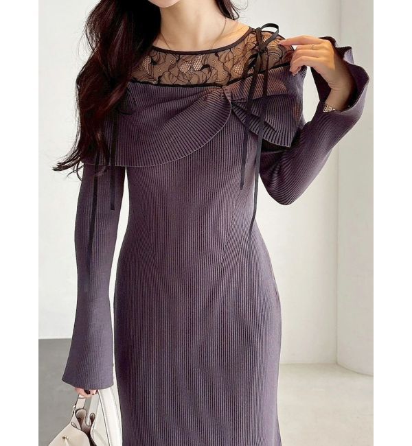 MERCURYDUO「レース切替オフショルニットワンピース」|ワンピース|