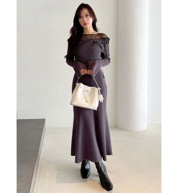 MERCURYDUO「レース切替オフショルニットワンピース」|ワンピース|