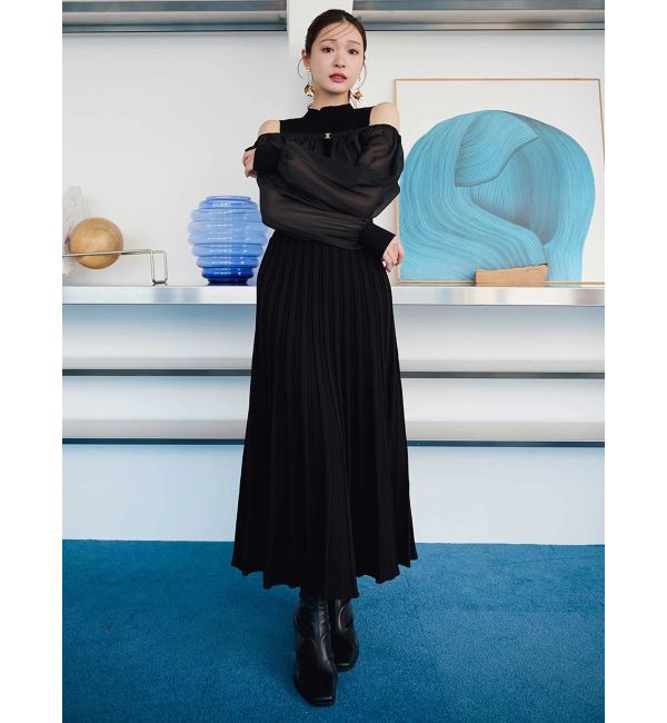 MERCURYDUO「異素材ドッキングプリーツフレアニットワピース」|ワンピース|