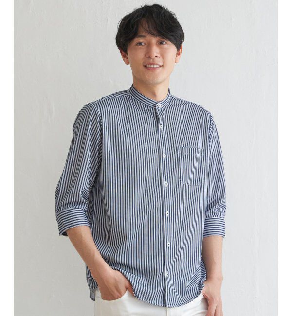 ikka「7分袖イージーケアバンドカラーシャツ」|シャツ・ブラウス|ネイビー