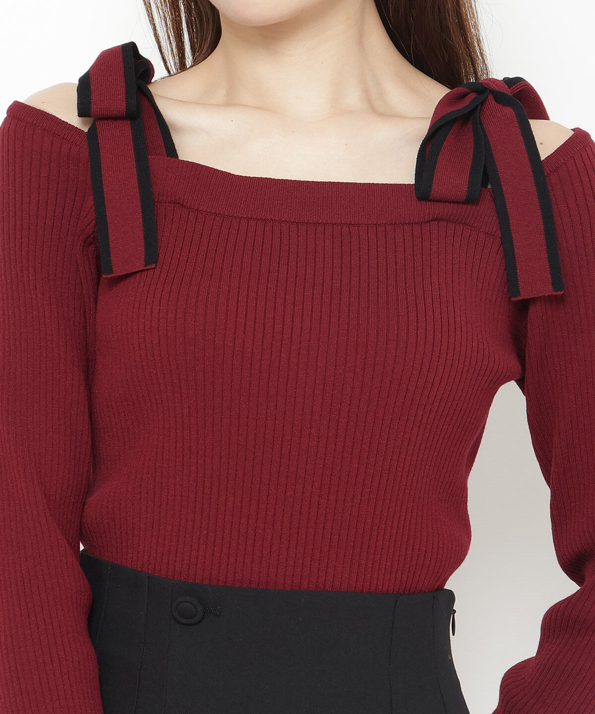 アンドクチュール「配色ショルダーリボンニットプルオーバー」|ニット・セーター|