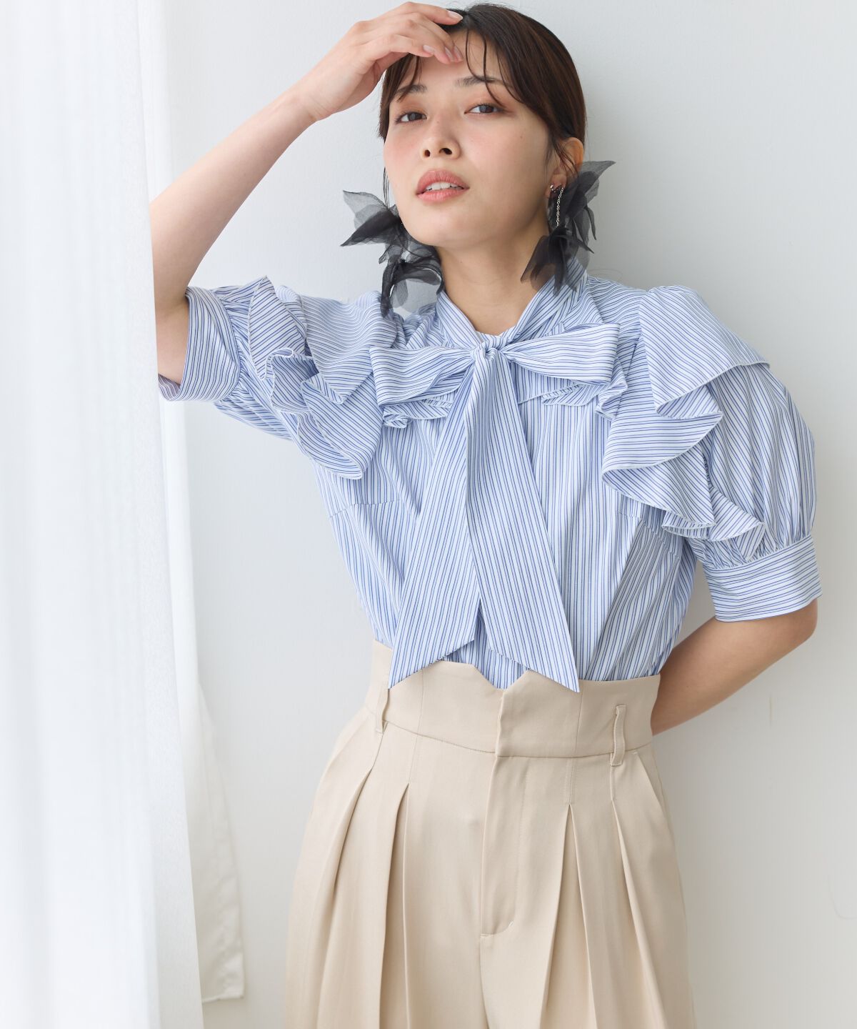 アンドクチュール「リボンタイストライプブラウス」|シャツ・ブラウス|Navy/borderｽﾄﾗｲﾌﾟ