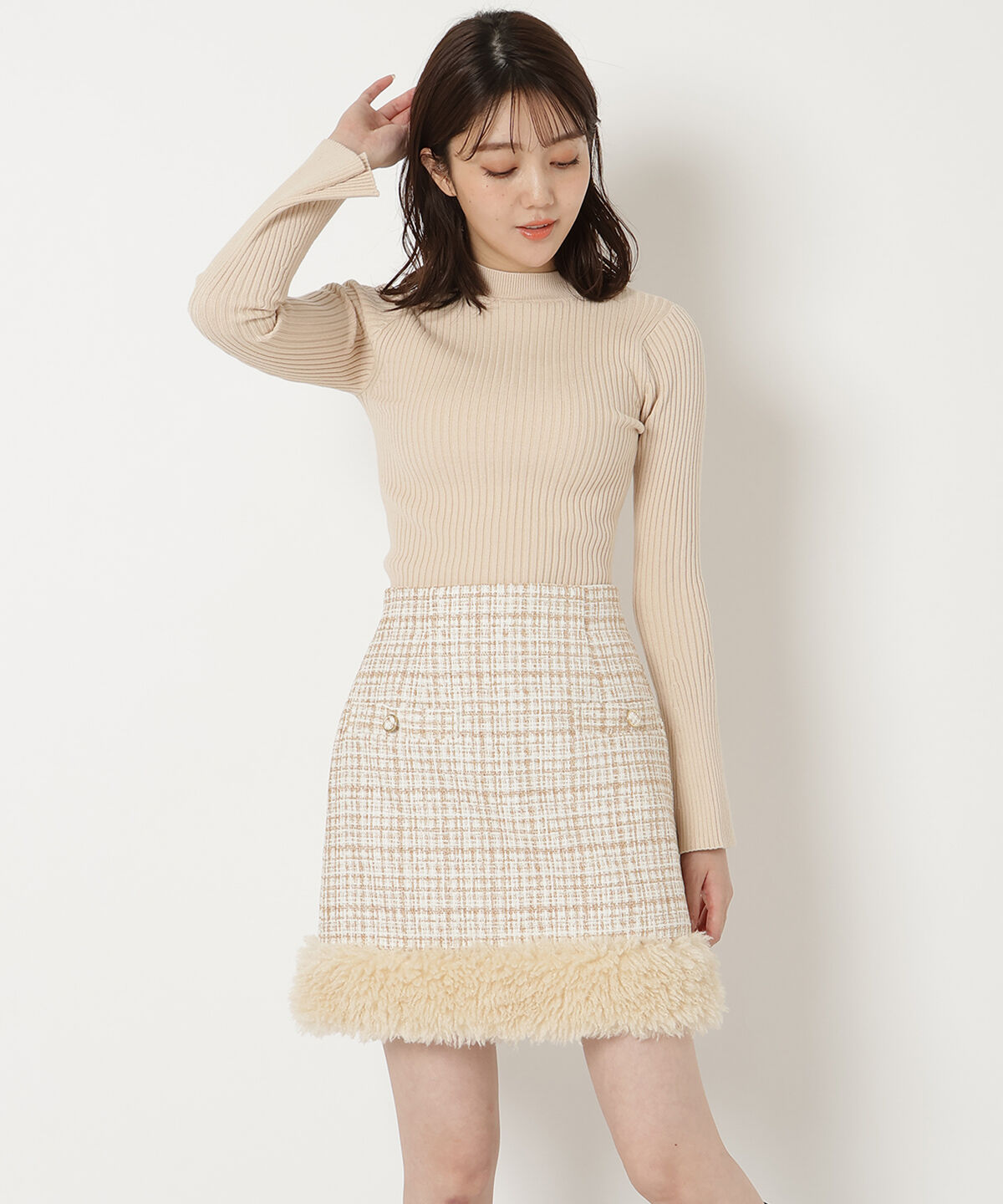 REDYAZEL「ファー付きツィードミニスカート」|タイト|