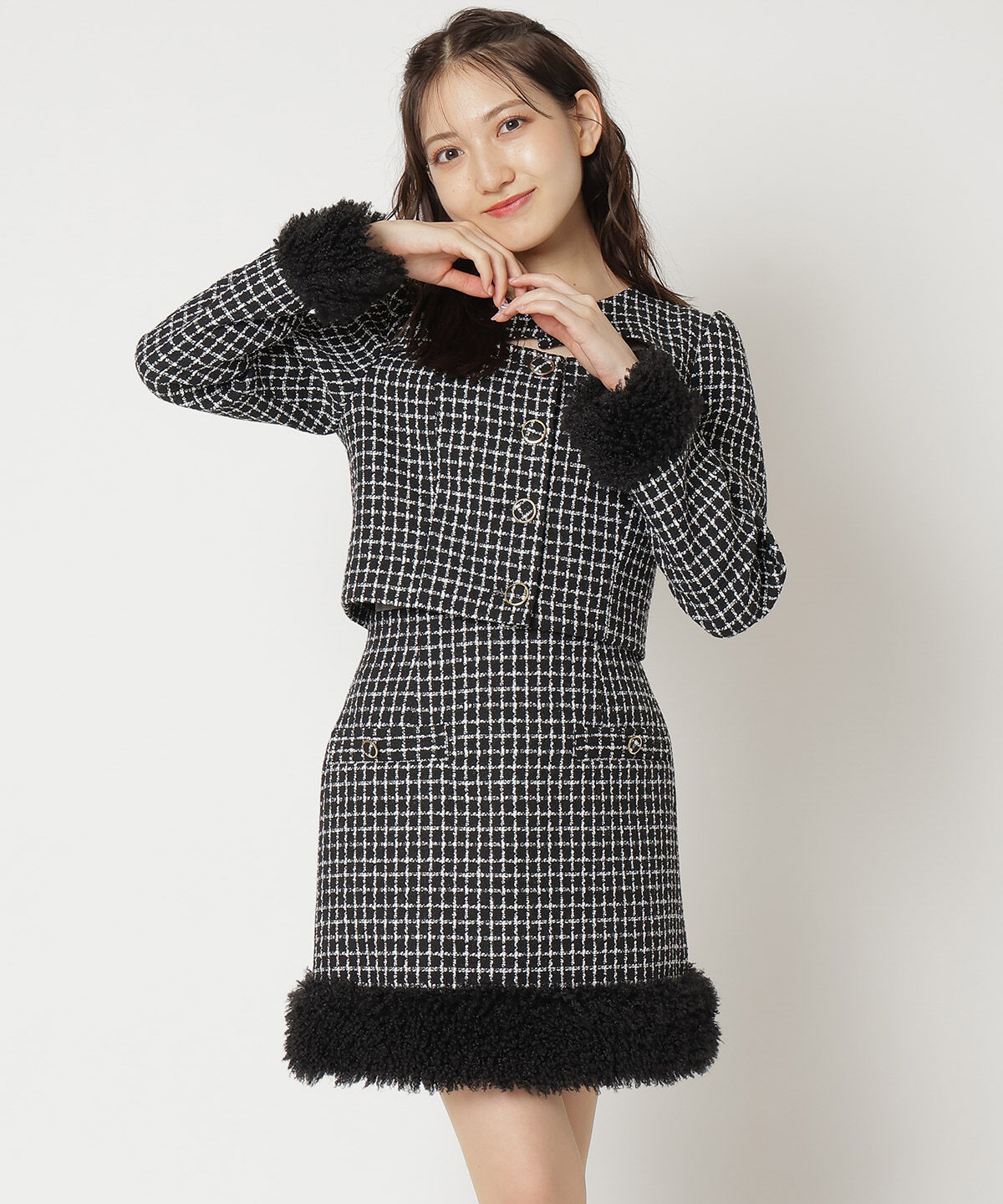 REDYAZEL「ファー付きツィードミニスカート」|タイト|黒系チェック