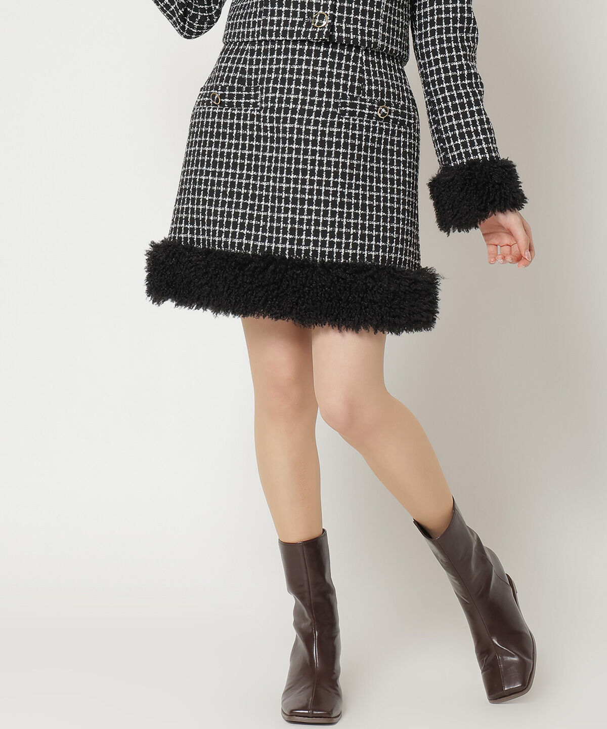 REDYAZEL「ファー付きツィードミニスカート」|タイト|