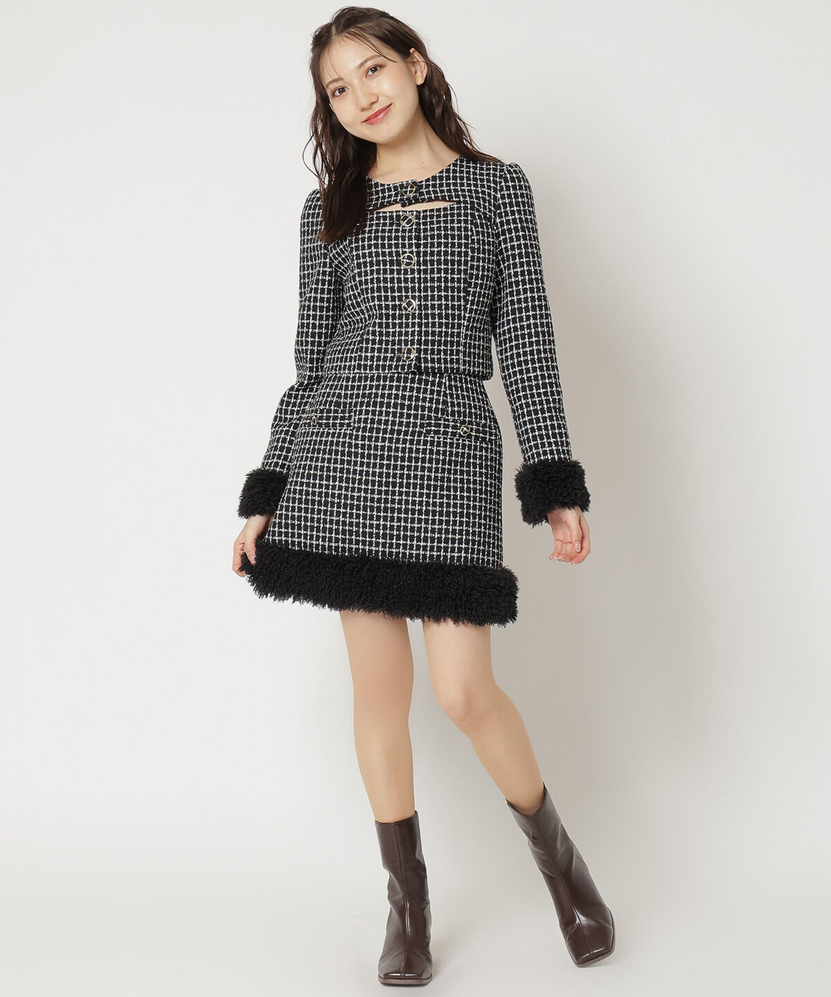 REDYAZEL「ファー付きツィードミニスカート」|タイト|