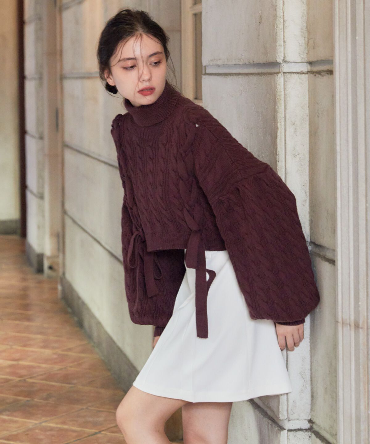 REDYAZEL「サイドリボンケーブルニット」|ニット・セーター|