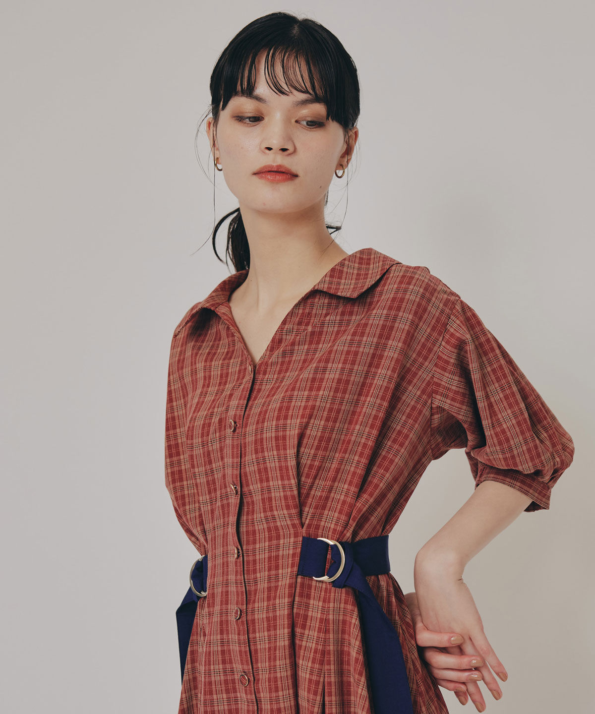 REDYAZEL「チェックバイカラーウエストベルトシャツワンピース」|ワンピース|
