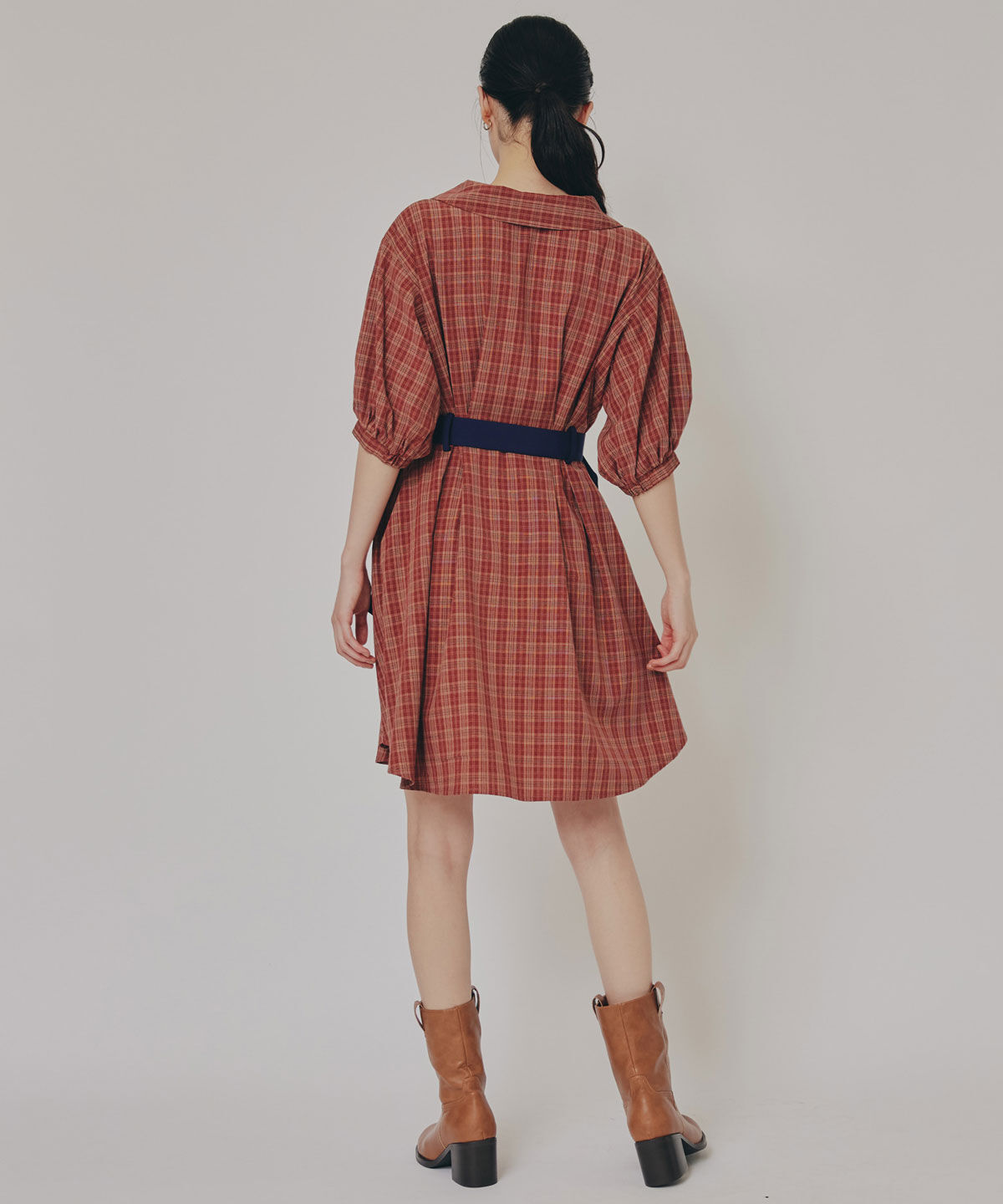 REDYAZEL「チェックバイカラーウエストベルトシャツワンピース」|ワンピース|