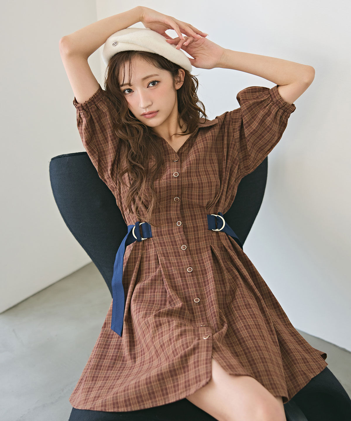 REDYAZEL「チェックバイカラーウエストベルトシャツワンピース」|ワンピース|茶系チェック