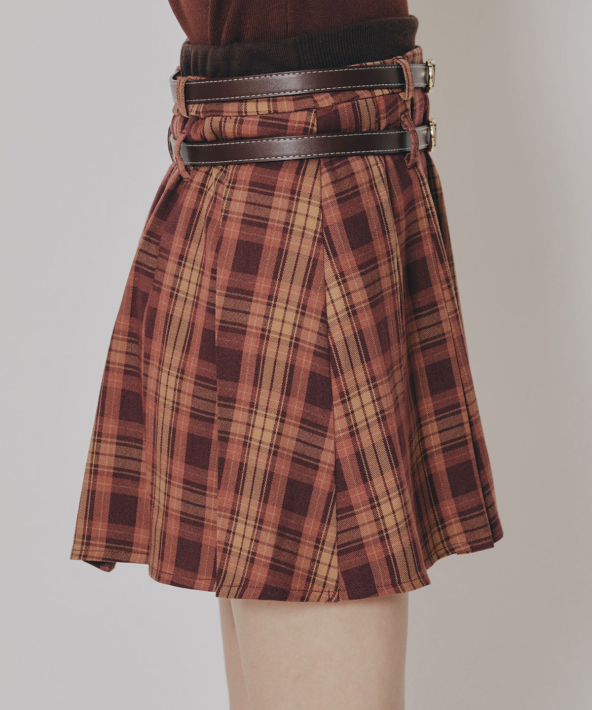 REDYAZEL「ダブルベルトチェックプリーツミニスカート」|フレア|