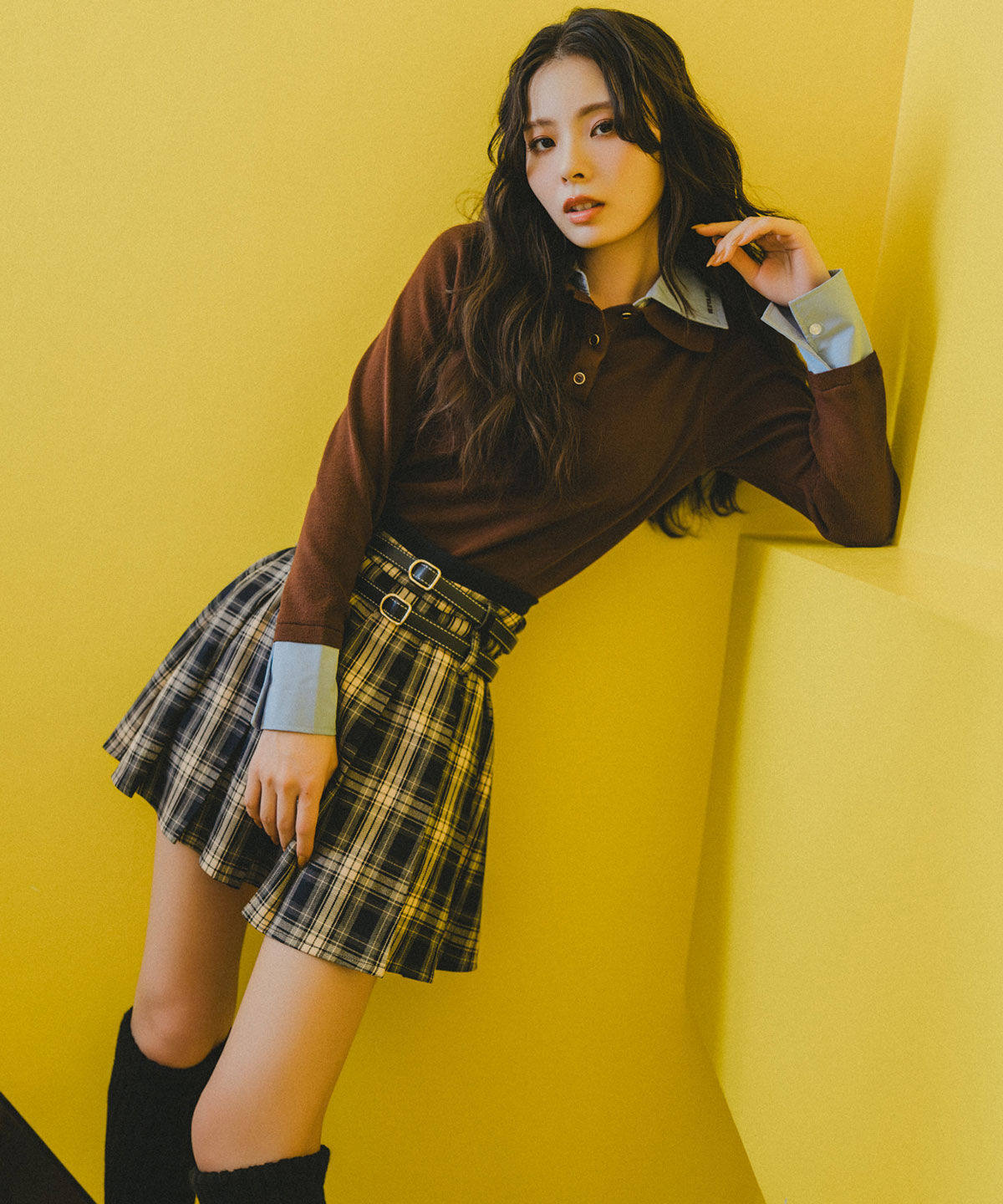 REDYAZEL「ダブルベルトチェックプリーツミニスカート」|フレア|