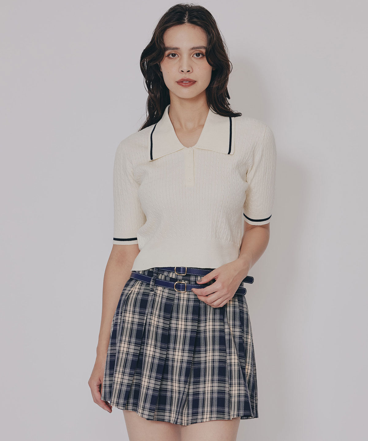 REDYAZEL「ダブルベルトチェックプリーツミニスカート」|フレア|