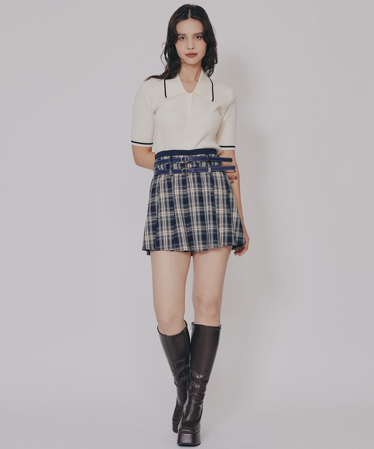REDYAZEL「ダブルベルトチェックプリーツミニスカート」|フレア|