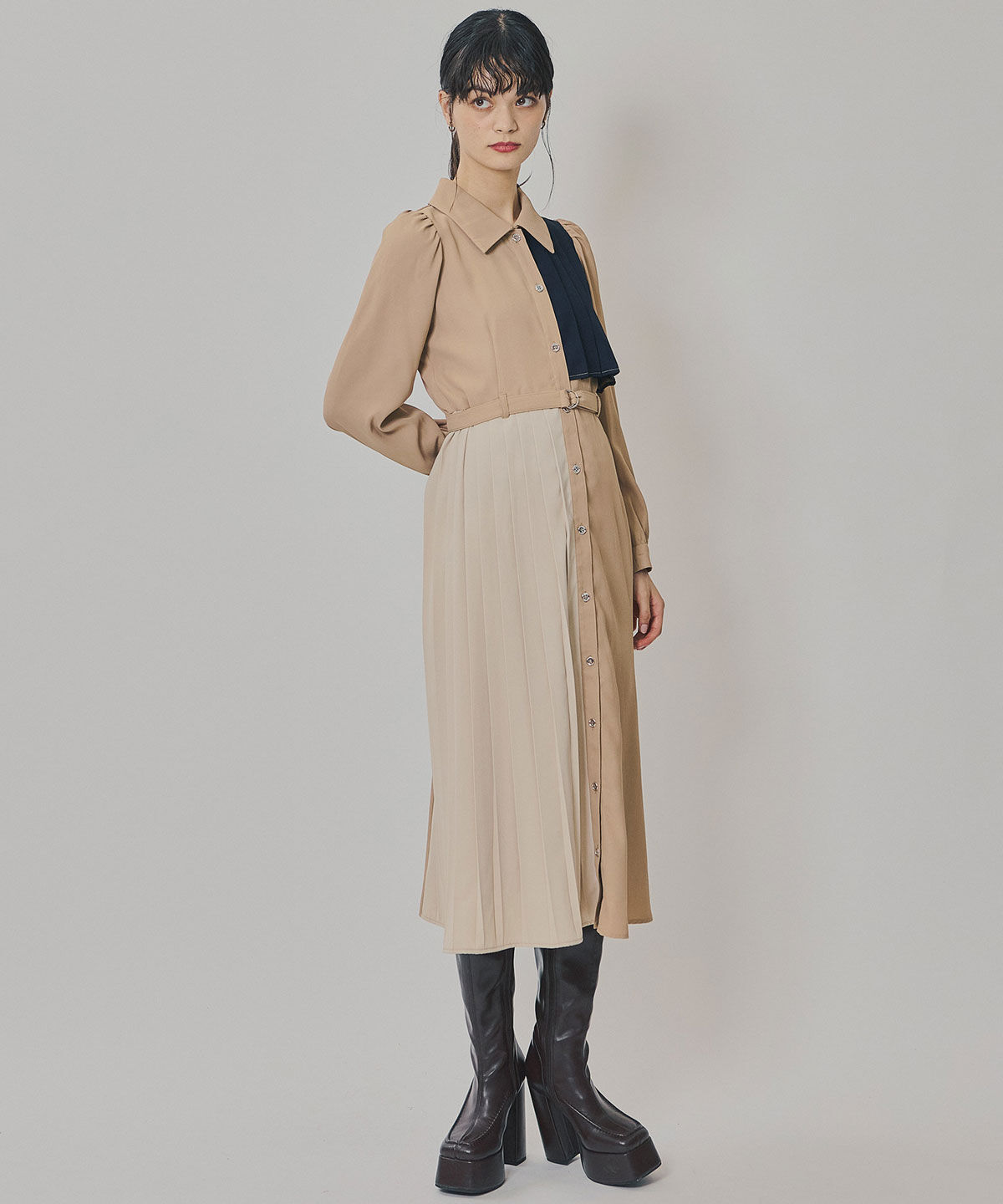 REDYAZEL「カラーブロックパネルアシメプリーツワンピース」|ワンピース|