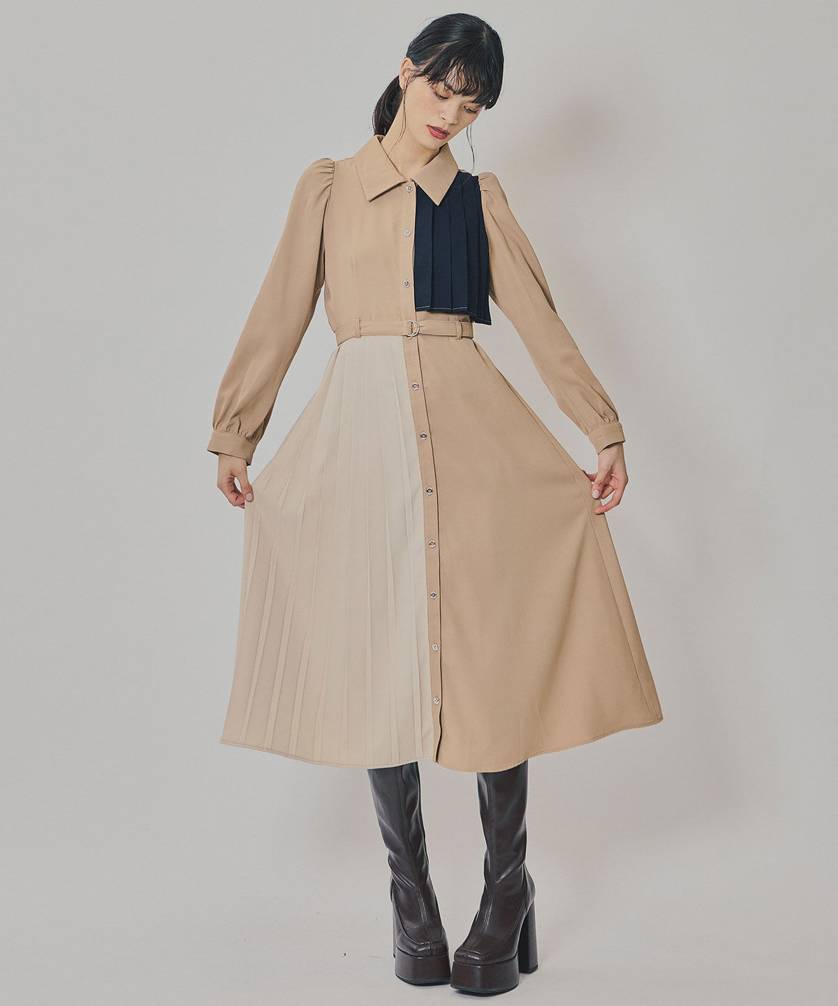 REDYAZEL「カラーブロックパネルアシメプリーツワンピース」|ワンピース|