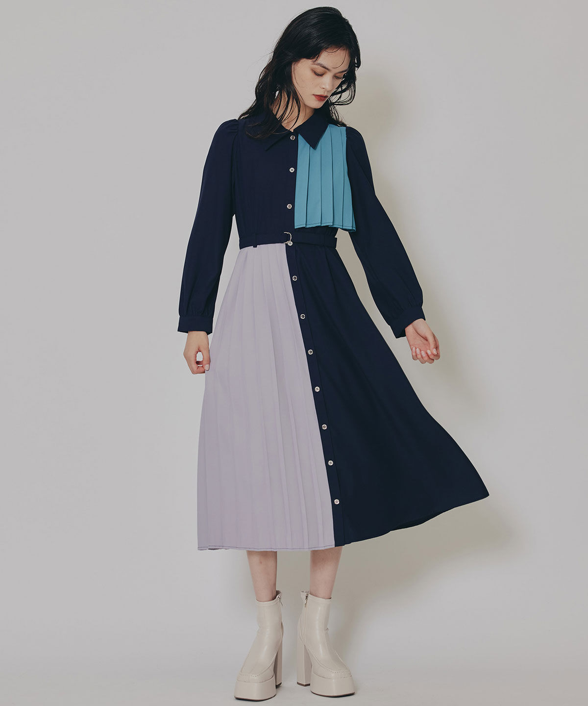 REDYAZEL「カラーブロックパネルアシメプリーツワンピース」|ワンピース|