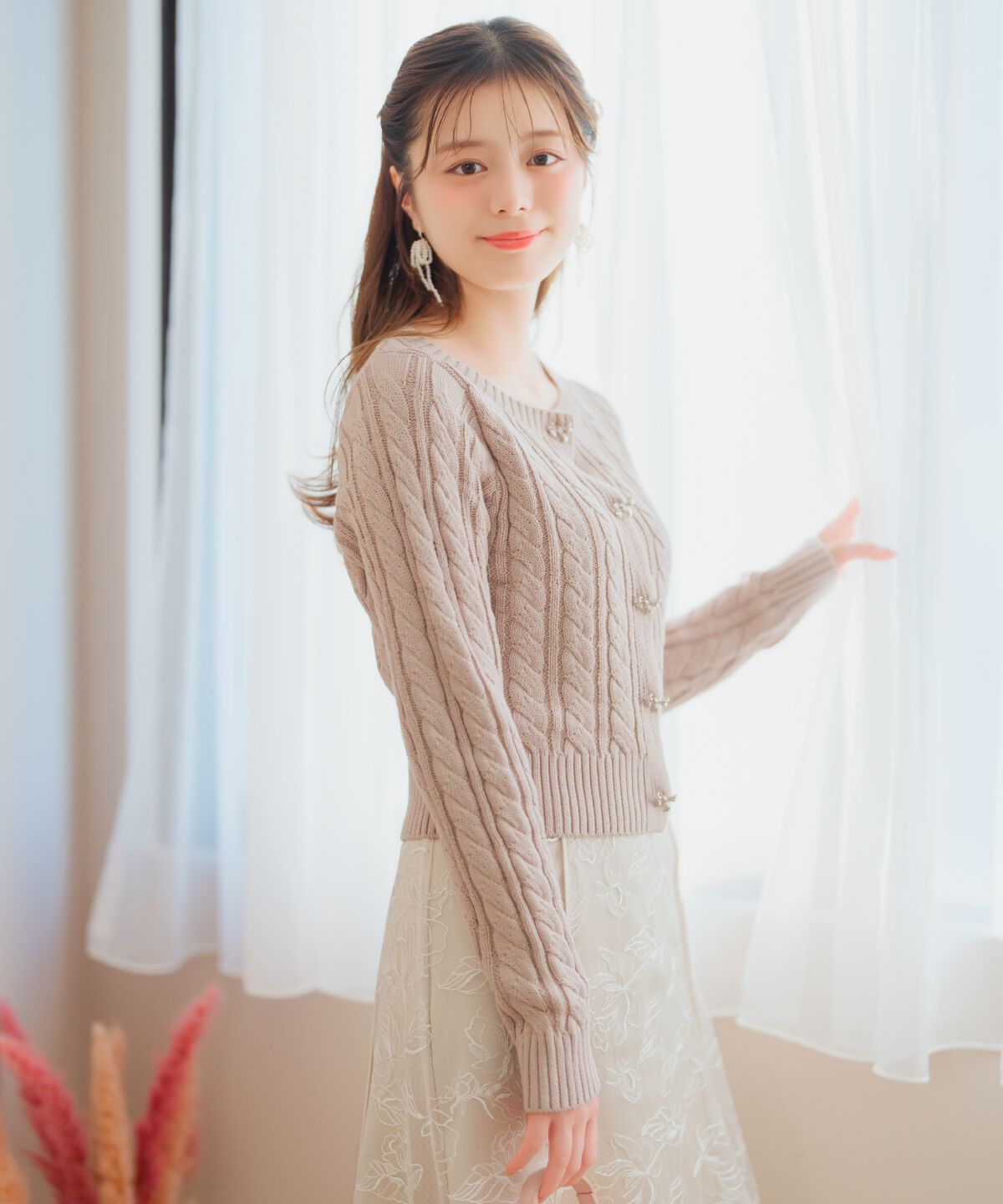 WILLSELECTION「ビジューリボンケーブルカーディガン」|カーディガン|ピンク