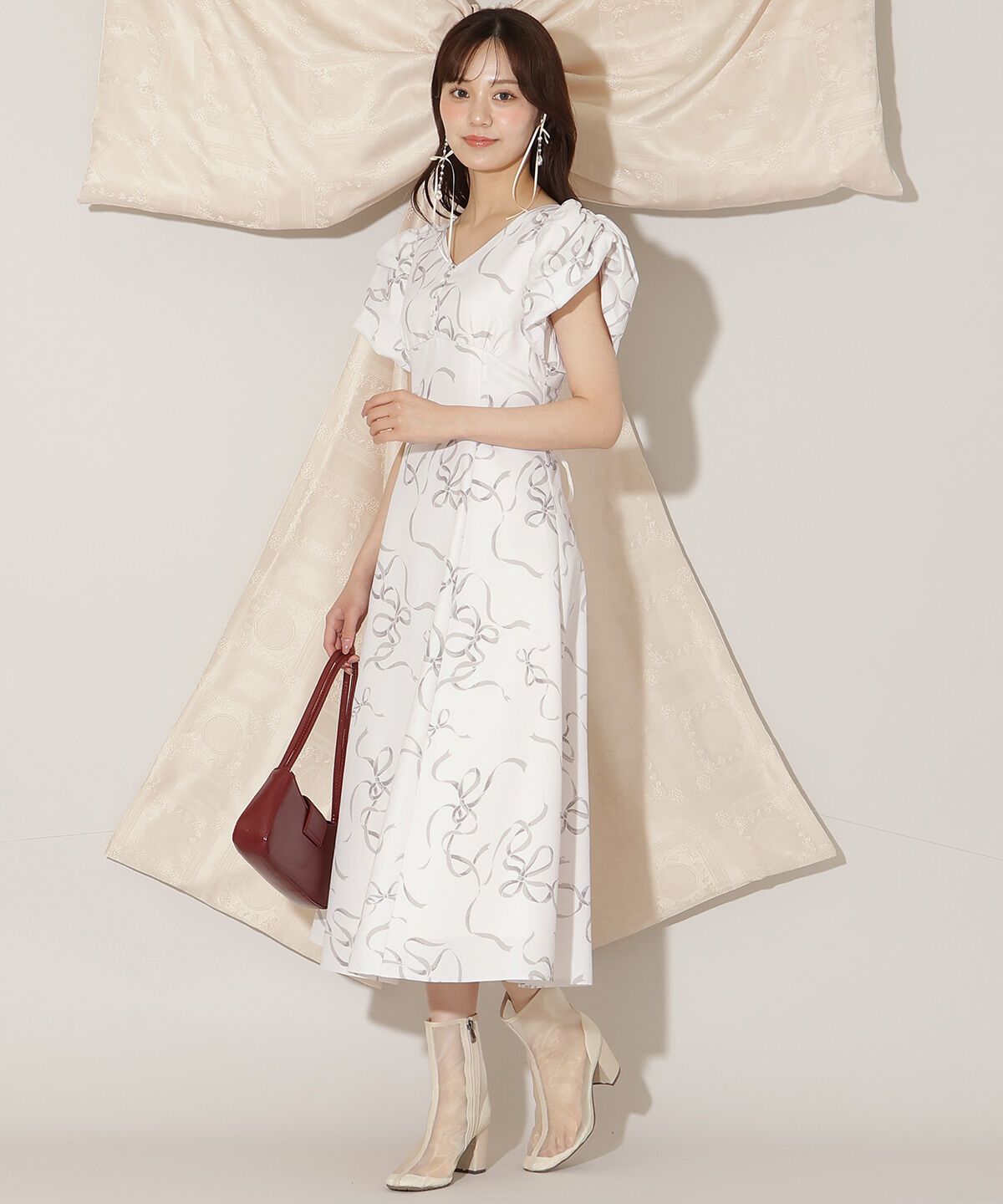 WILLSELECTION「リボンプリントバブルスリーブフレアワンピース」|ワンピース|