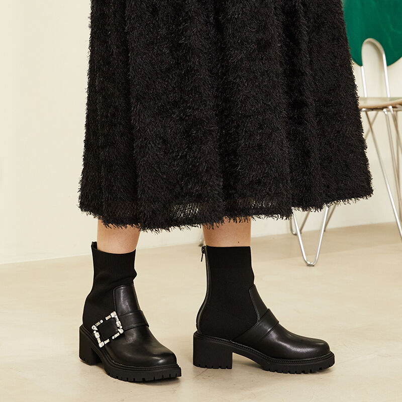 ORiental TRaffic「厚底 ビジュー ニットブーツ /31434 足首柔らかい 歩きやすい」|ショートブーツ|