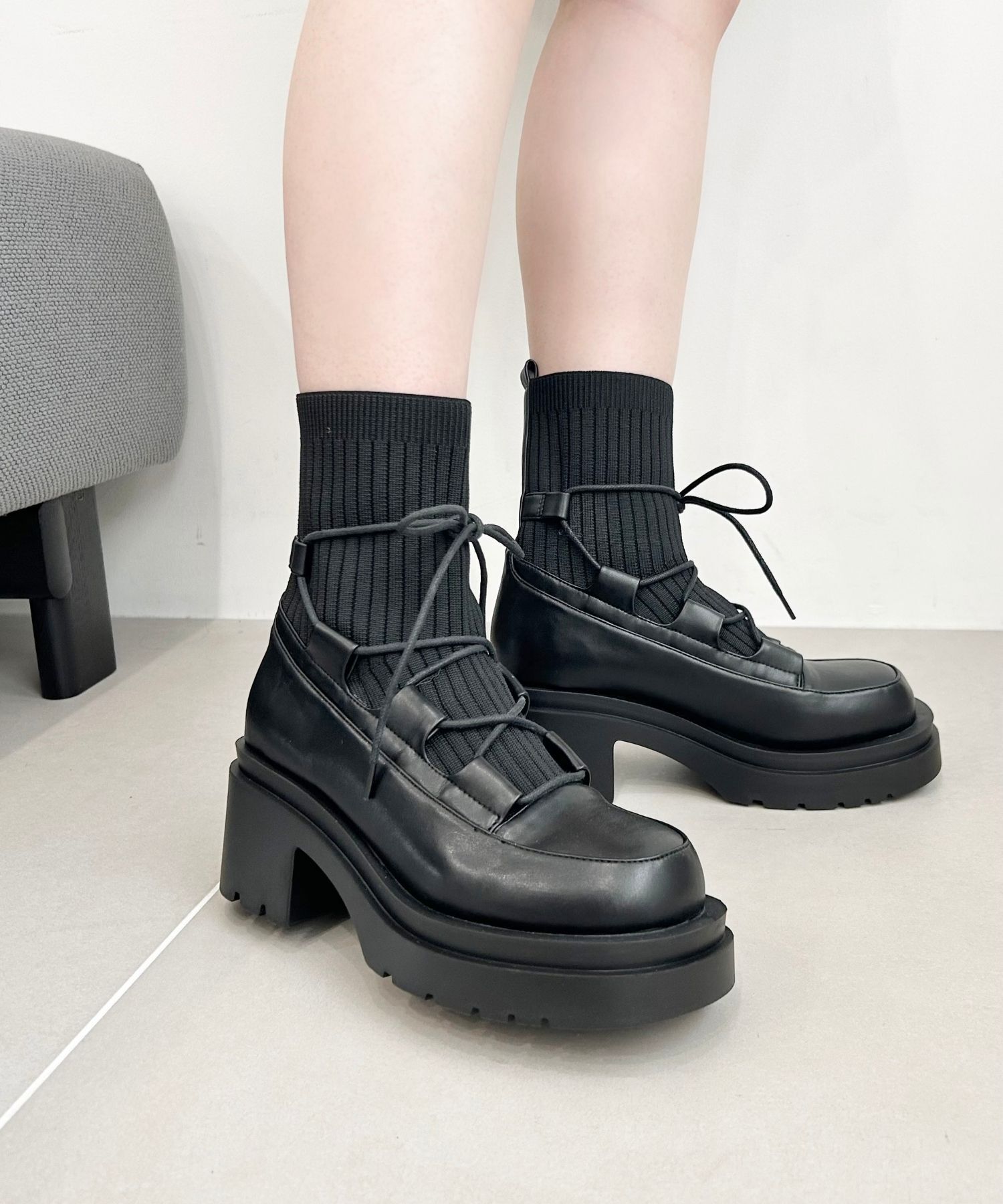 ORiental TRaffic「●2024秋冬新作●ニットドッキングレースアップブーツ/41402」|ショートブーツ|