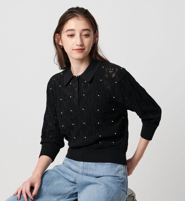 UNITED ARROWS「フェイクパール レース プルオーバー ニット ウォッシャブル」|ニット・セーター|BLACK