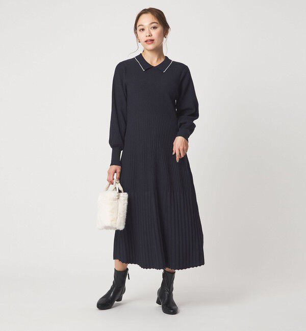 UNITED ARROWS green label relaxing「フィット＆フレア 襟付き ニット ワンピース」|ワンピース|NAVY