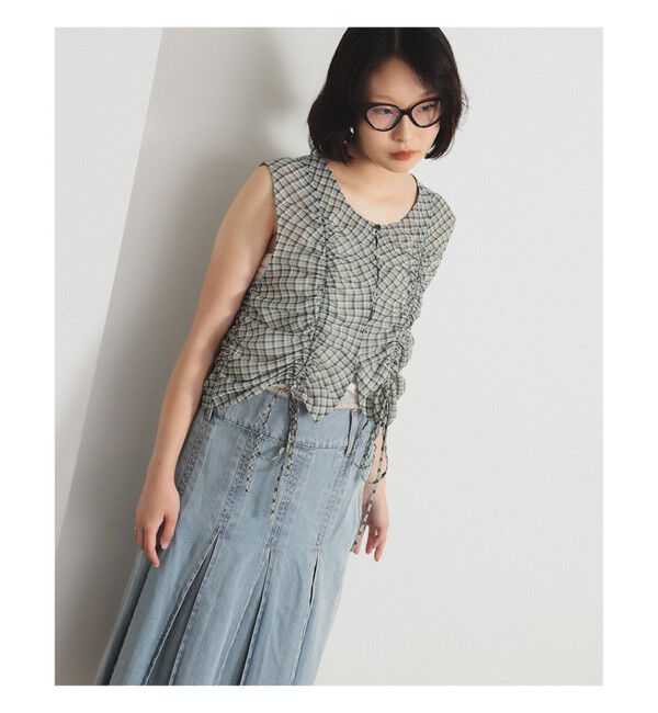 Ray BEAMS 「チェック ギャザー ノースリーブ ブラウス」|タンクトップ|
