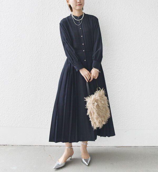 SHIPS for women「【WEB限定】〈手洗い可能〉ドット / 花柄 バンドカラー サイド プリーツ ワンピース」|ワンピース|