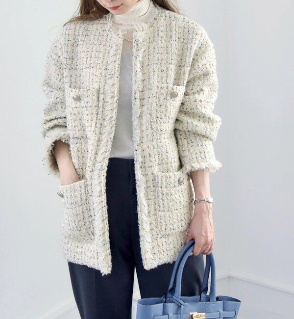 quaranciel「quaranciel: ファンシー ツイード ノーカラー ジャケット」|ノーカラージャケット|オフホワイト