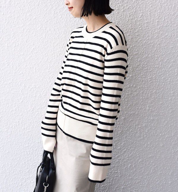 SHIPS for women「【WEB限定】〈手洗い可能〉ボーダー リブ スリーブ ベーシック ニット」|ニット・セーター|