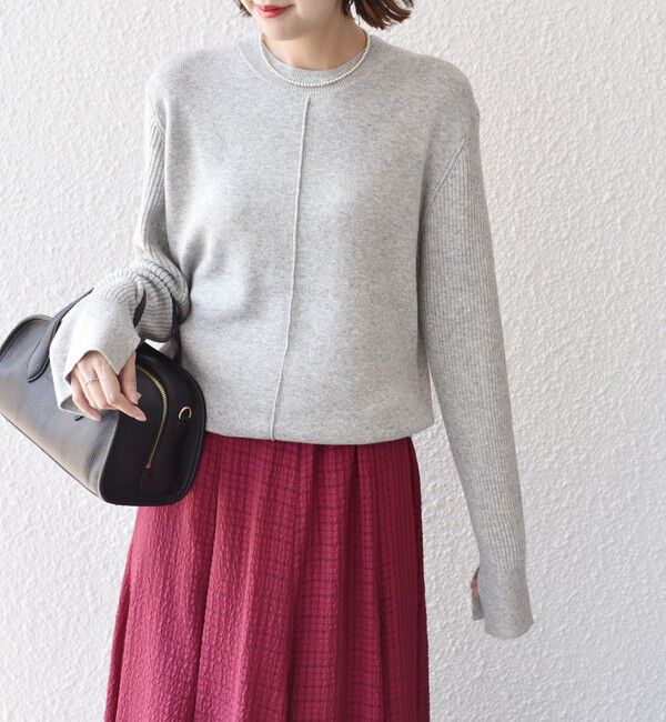 SHIPS for women「【WEB限定】〈手洗い可能〉ボーダー リブ スリーブ ベーシック ニット」|ニット・セーター|ライトグレー