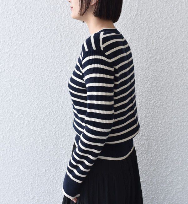 SHIPS for women「【WEB限定】〈手洗い可能〉ボーダー リブ スリーブ ベーシック ニット」|ニット・セーター|