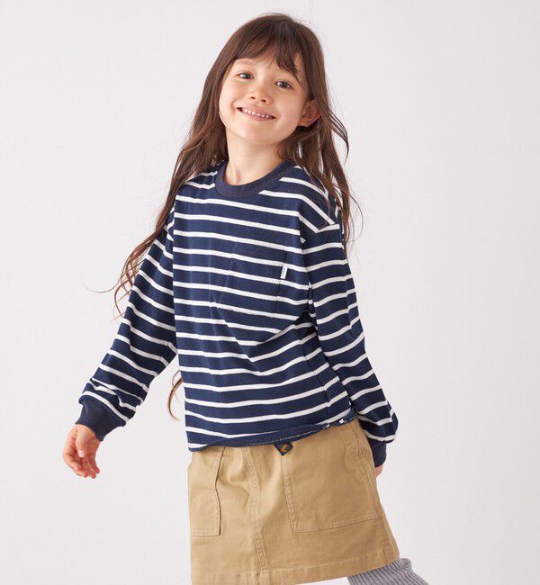 SHIPS any「SHIPS any: リンガーネック ボーダー 長袖 ポケット Tシャツ<KIDS>」|Tシャツ・カットソー|ネイビー