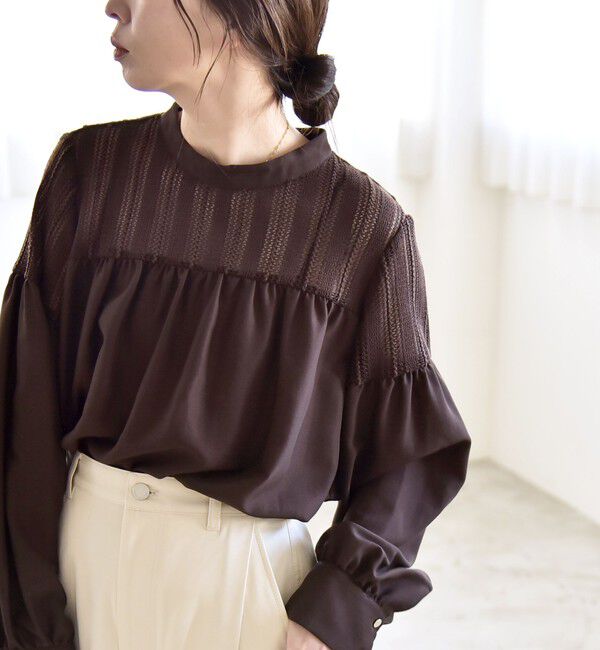 quaranciel「quaranciel:〈手洗い可能〉ラッセル レース フィブリル ブラウス」|シャツ・ブラウス|ブラウン