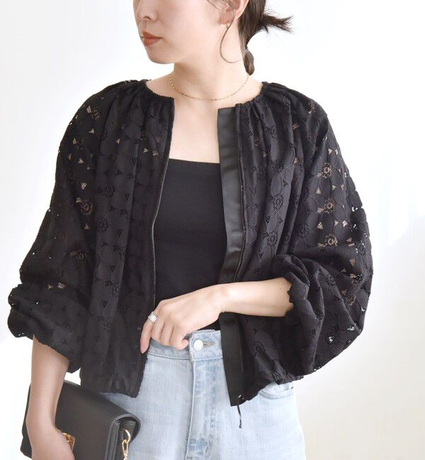 quaranciel「quaranciel:〈手洗い可能〉フラワー レース ジップ ブルゾン」|ブルゾン・スタジャン|