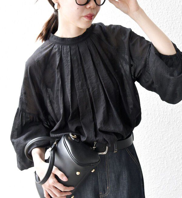 SHIPS any「《一部追加予約》SHIPS any:〈手洗い可能〉シアー ドット スタンドカラー パフ ギャザー ブラウス」|シャツ・ブラウス|ブラック