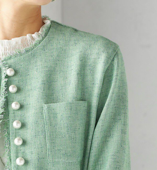 SHIPS for women「〈手洗い可能〉ストレッチ ツイード パール ボタン ジャケット」|ノーカラージャケット|