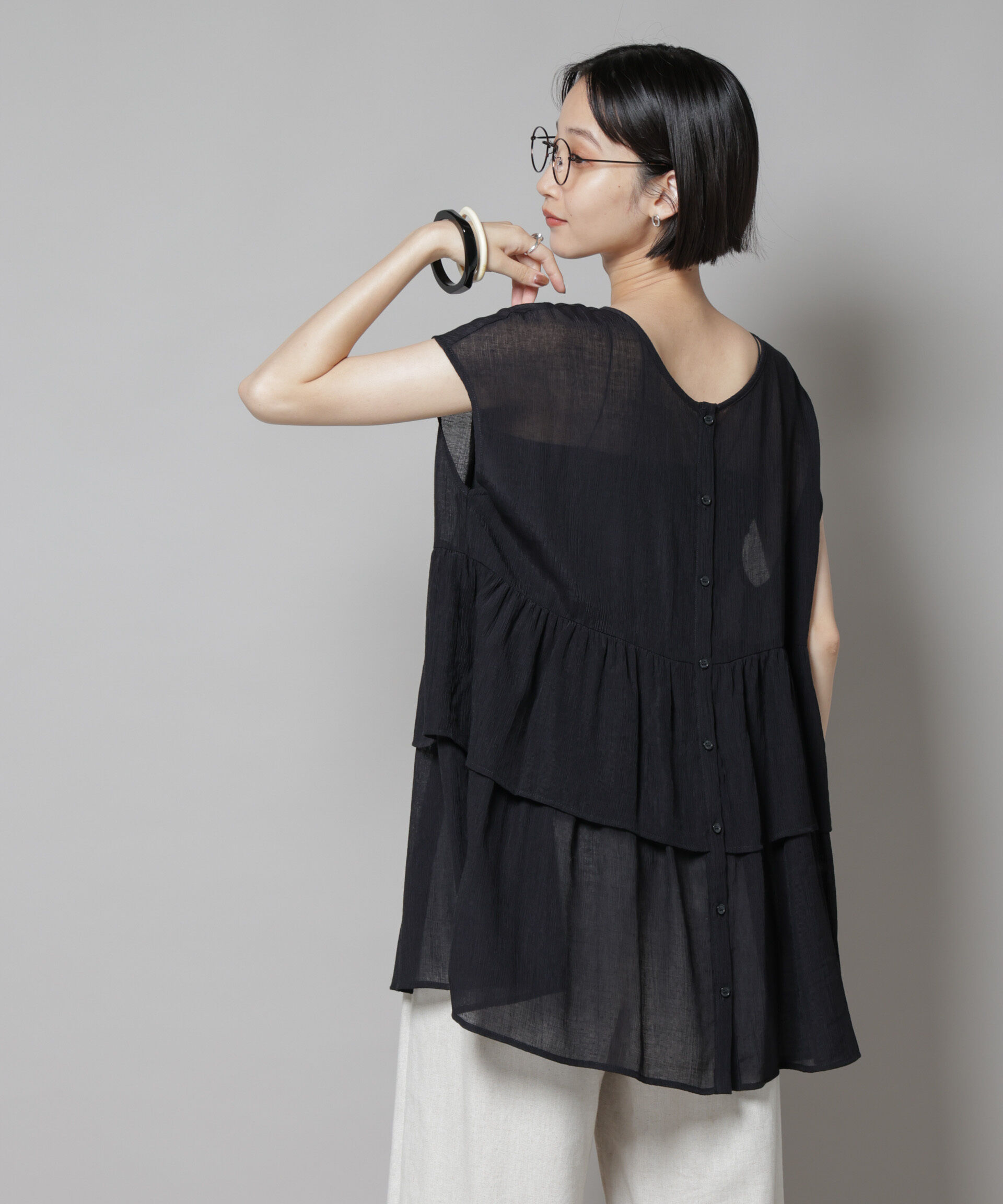nano･universe「前後2wayシアー楊柳ノースリーブティアードブラウス」|シャツ・ブラウス|