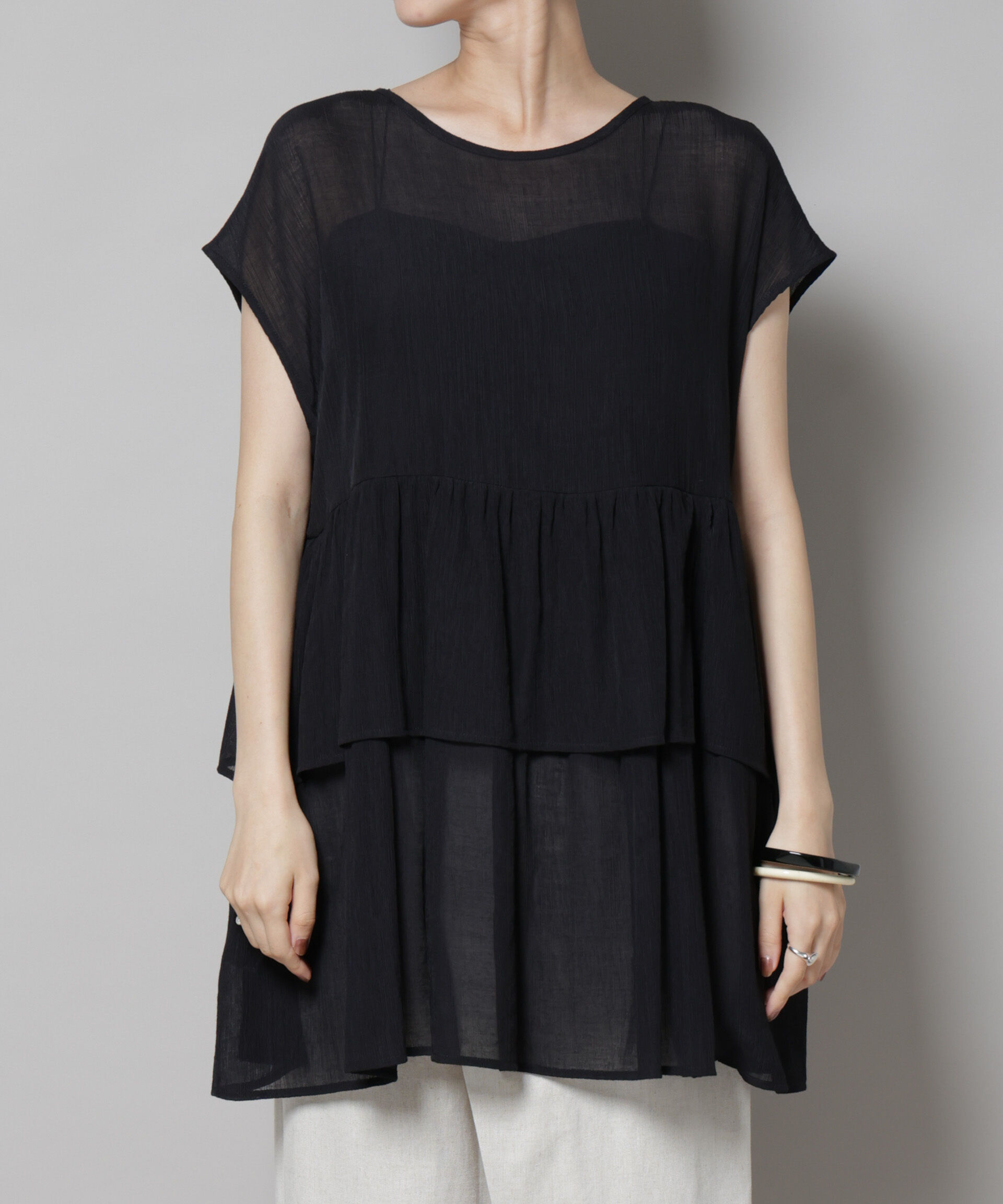 nano･universe「前後2wayシアー楊柳ノースリーブティアードブラウス」|シャツ・ブラウス|