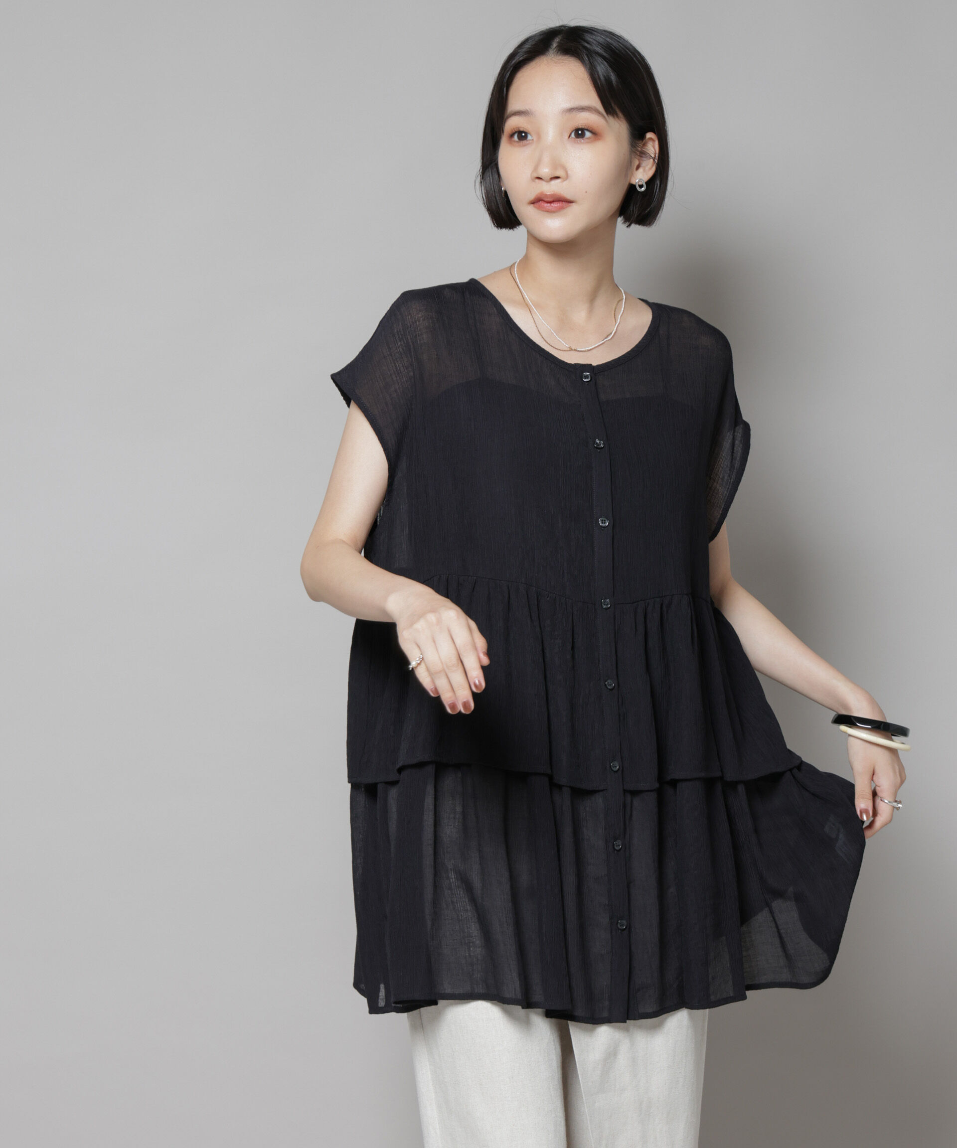 nano･universe「前後2wayシアー楊柳ノースリーブティアードブラウス」|シャツ・ブラウス|