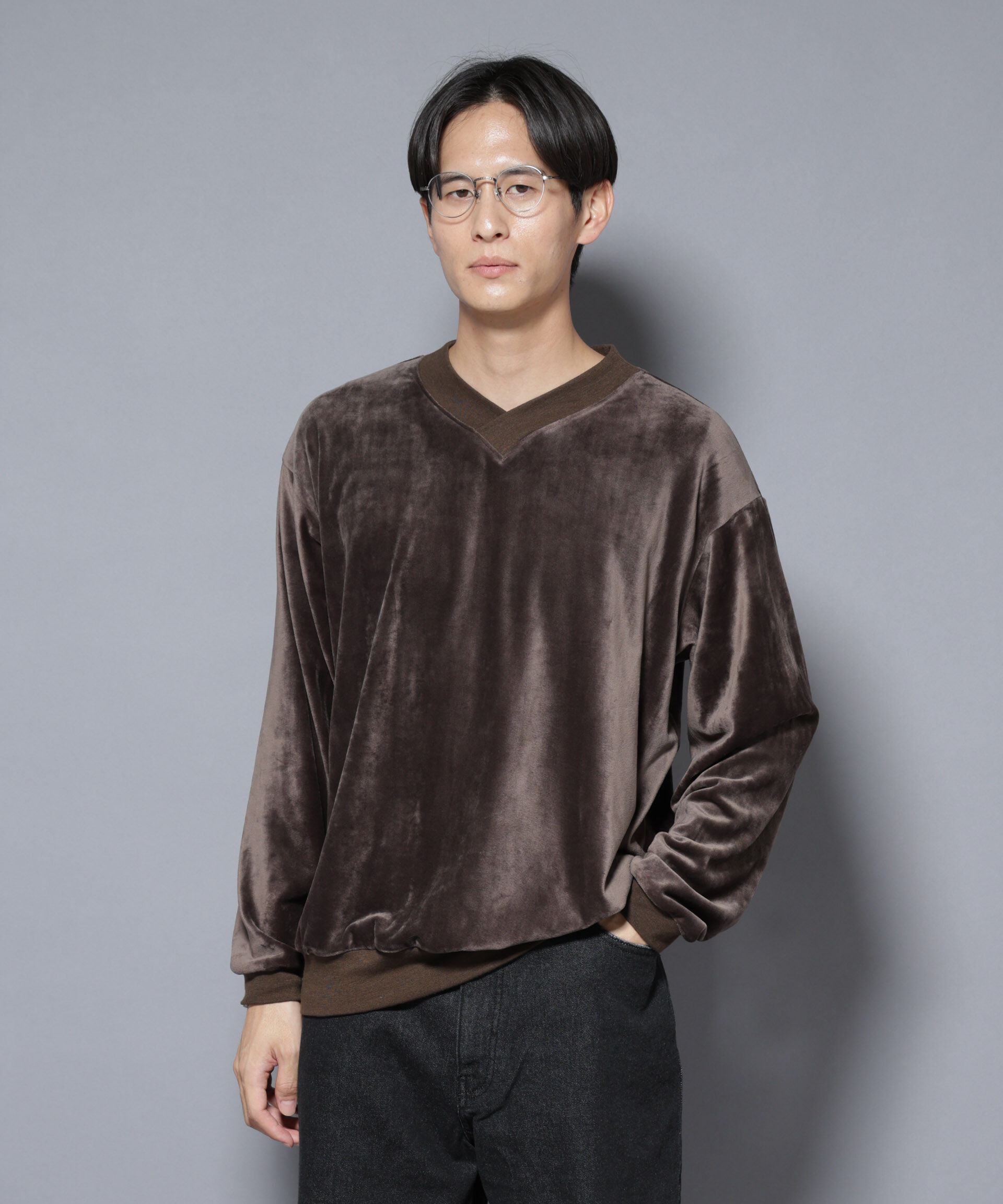 nano･universe「ベロアプルオーバー Vネックスウェット」|Tシャツ・カットソー|ブラウン