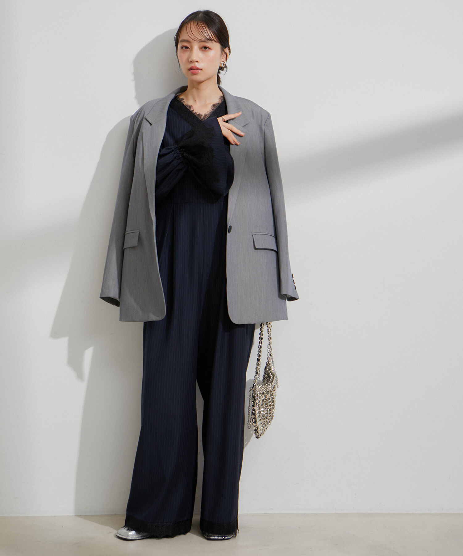 VIS「【VIS DRESS】ピンストライプレースオールインワン【洗える】」|オールインワン|