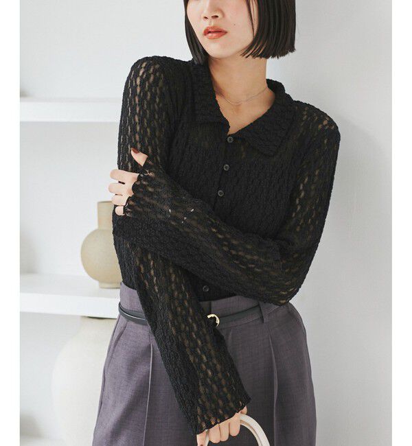 VIS「レースポロ襟カーディガン」|カーディガン|ブラック(01)