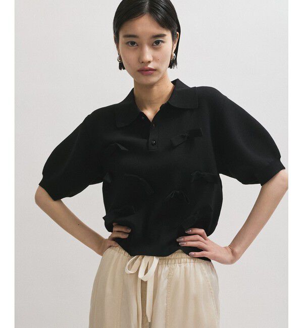 ADAM ET ROPE'「リボンポロニット」|ポロシャツ|ブラック(01)