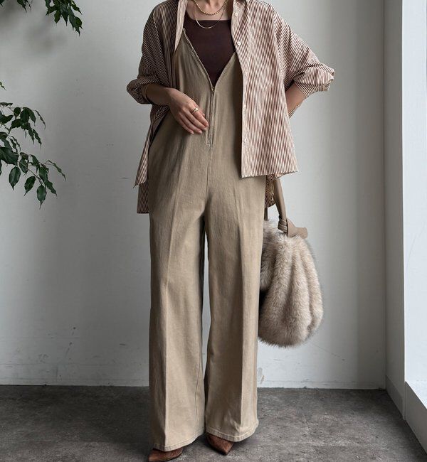  「細紐デニムフロントジップサロペット」|ワンピース|