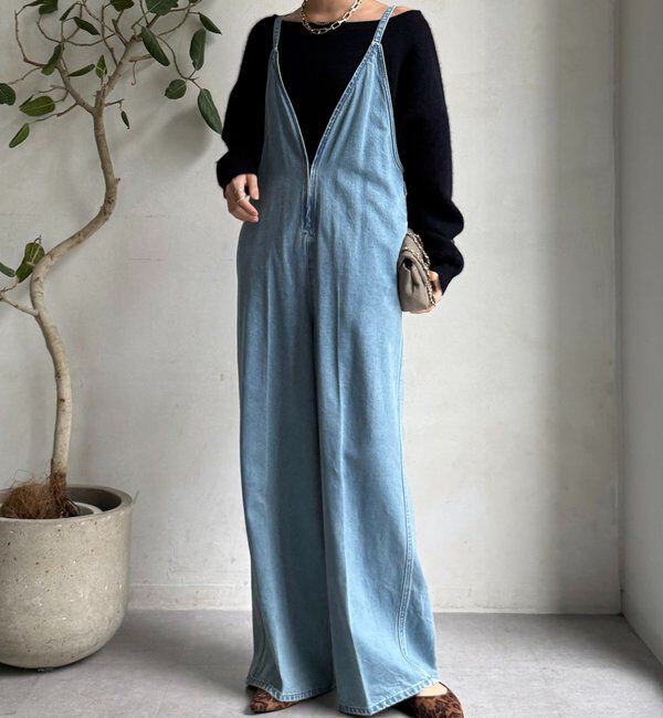  「細紐デニムフロントジップサロペット」|ワンピース|